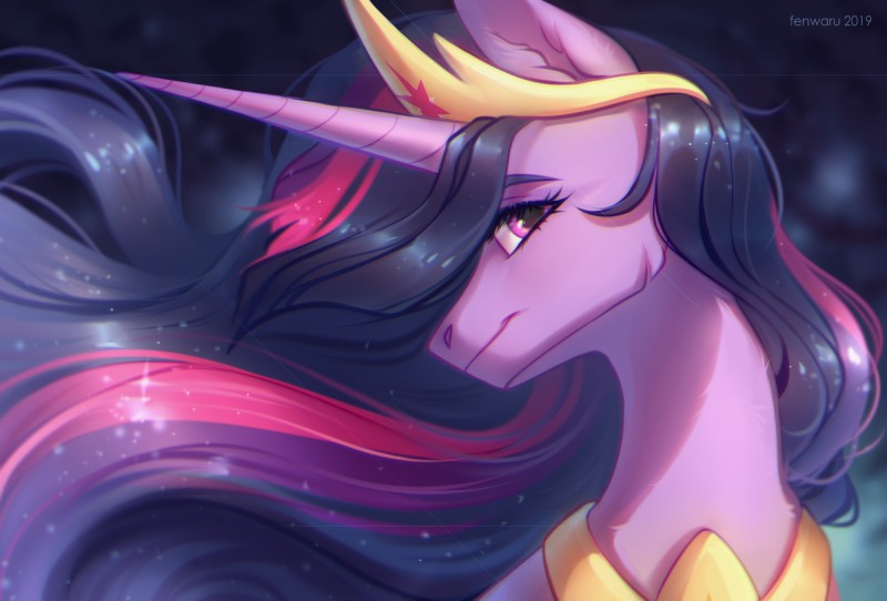 aged_up crown female feral headgear horn jewelry looking_at_viewer necklace purple_body purple_eyes solo fenwaru friendship_is_magic hasbro my_little_pony mythology twilight_sparkle_(mlp) equid equine mammal mythological_creature mythological_equine unicorn 2019 digital_media_(artwork) hi_res portrait