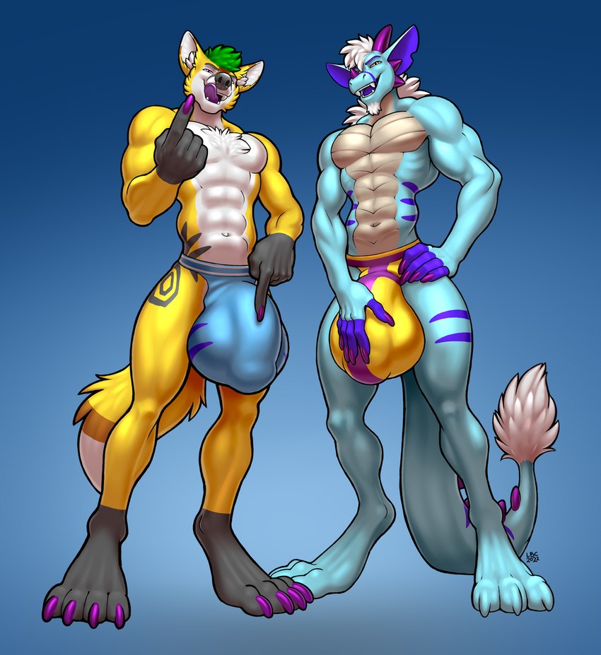 anthro beckoning big_bulge black_body black_fur black_markings blue_body bulge detailed_bulge duo fur genitals gesture green_hair hair hand_gesture huge_bulge male markings muscular muscular_male open_mouth penis pointing pointing_at_penis purple_markings simple_background smile standing tail teeth tongue tongue_out white_body white_fur yellow_body yellow_fur longblueclaw mythology pineapple_fox canid canine dragon fox mammal mythological_creature mythological_scalie scalie 2022 digital_media_(artwork) hi_res