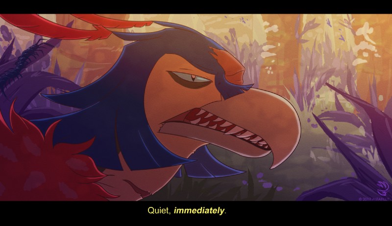 beak black_bars cape clothing eye_scar facial_scar fake_screencap fur_cape fur_clothing male missing_eye plant scar teeth text toothed_beak alfafilly forte_(rozenich) arthropod avian centipede myriapod rozenich letterbox subtitled