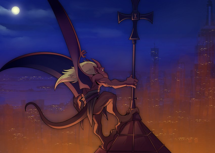 anthro bottomwear city city_background clothed clothing cloud full_moon glowing glowing_eyes hair horn humanoid_pointy_ears loincloth male membrane_(anatomy) membranous_wings moon night pointy_ears raised_tail red_body rooftop sea solo tail topless water white_hair wings shellsweet disney gargoyles brooklyn_(gargoyles) gargoyle scalie hi_res photography_(artwork)