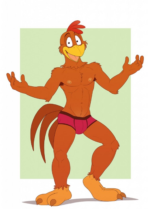 2_toes anthro armpit_hair barefoot beak biped body_hair briefs briefs_only brown_body brown_feathers bulge chest_tuft claws clothed clothing feathers feet fur green_background looking_at_viewer male nipples open_mouth red_body red_briefs red_clothing red_feathers red_underwear shadow simple_background smile solo standing talons toes tongue topless tuft underwear underwear_only white_background yellow_beak anti_dev disney the_three_caballeros panchito_pistoles avian bird chicken galliform gallus_(genus) phasianid hi_res