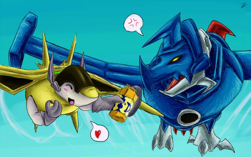 angry blue_background blush claws clothing duo eyes_closed flying gloves handwear happy heart_symbol horn male simple_background wings yellow_eyes kiminuria bandai_namco digimon digimon_(species) mailbirdramon sparrowmon