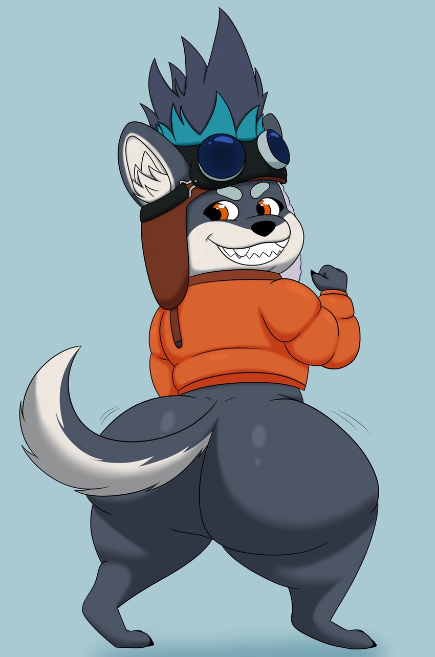 anthro aviator_cap big_butt blue_body blue_fur bottomless bubble_butt butt clothed clothing eyewear fangs fur goggles grin huge_butt looking_back male nude orange_eyes simple_background smile solo tail teeth thick_thighs topwear colossalstars dislyte lilith_games brewster_(dislyte) canid canine canis domestic_dog mammal absurd_res hi_res