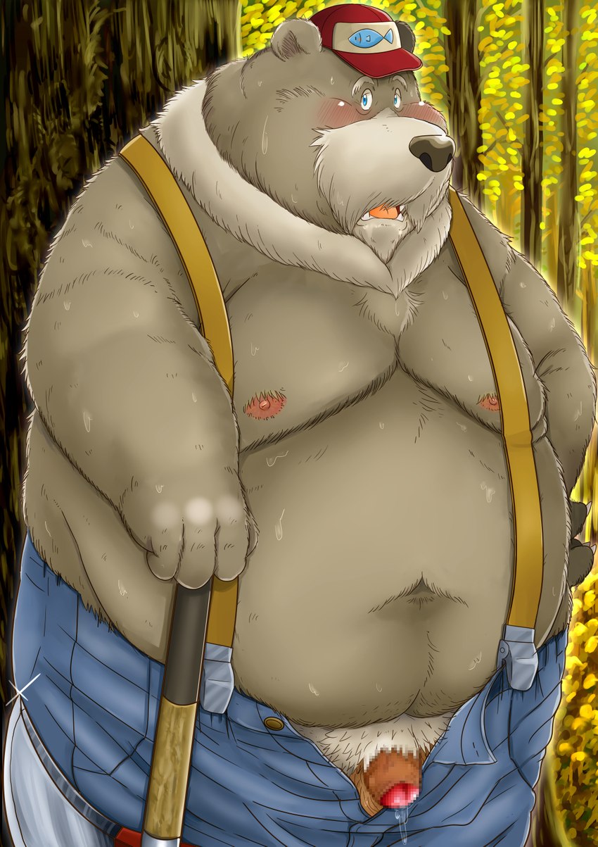 anthro axe balls belly big_belly blue_eyes blush bottomwear clothing genitals humanoid_genitalia humanoid_hands humanoid_penis kemono lumberjack male mature_male melee_weapon moobs navel nipples outside overweight overweight_male pants penis plant pubes solo tree weapon norataro lumbearjack bear mammal 2022 censored hi_res