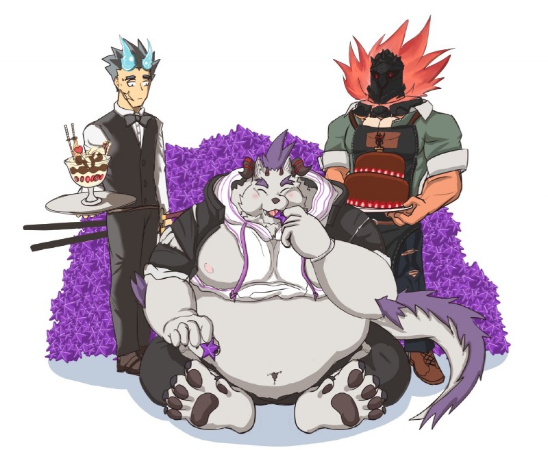 anthro belly bottomwear cake clothing dessert eating eyes_closed food group horn humanoid_hands male melee_weapon moobs muscular navel nipples overweight overweight_male pants shirt sitting sword topwear weapon zenoxdeper lifewonders tokyo_afterschool_summoners behemoth_(tas) surtr_(tas) touji_sakimori human mammal monster 2019