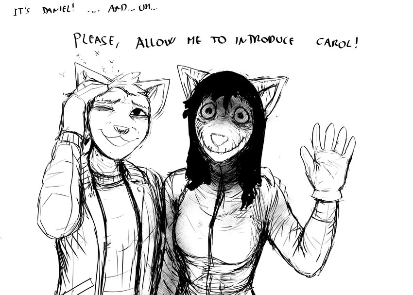 anthro clothing costume dialogue duo female gesture gloves handwear headache holidays male raised_arm text waving hladilnik halloween carol_(hladilnik) daniel_(hladilnik) canid canine canis domestic_dog ghost mammal spirit wolf 2023 black_and_white comic english_text hi_res monochrome