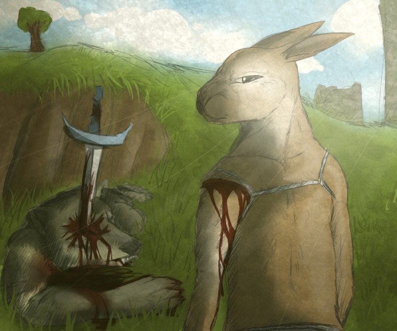 ambiguous_gender anthro blood bodily_fluids death duo looking_back melee_weapon sword weapon kinodro overgrowth lagomorph leporid mammal rabbit 6:5