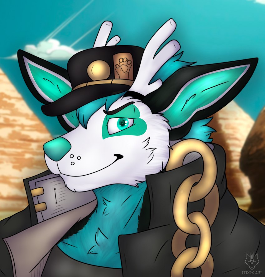 anthro blue_body blue_fur chain cosplay egyptian fur gold_(metal) gold_chain jotaro's_hat male pyramid solo toony turquoise_hair feroxart jojo's_bizarre_adventure jotaro_kujo kuro_deer_fox canid canine deer fox hybrid mammal absurd_res hi_res icon