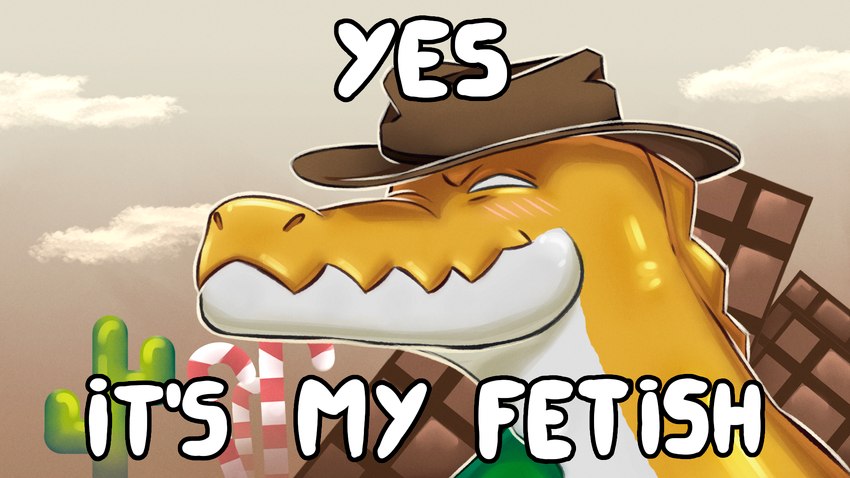 anthro clothing hat headgear headwear humor male meme_face smile smiley_face sweets text crazmax glitch_productions the_amazing_digital_circus gummi gummigoo_(tadc) crocodile crocodilian reptile scalie 16:9 digital_media_(artwork) english_text hi_res meme widescreen