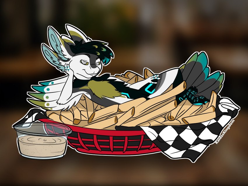 anthro basket checkered container dipping_sauce feathers food fry_basket hand_on_cheek hand_on_leg looking_at_viewer looking_smug male seductive solo tail tail_feathers kinkykaida avali 4:3