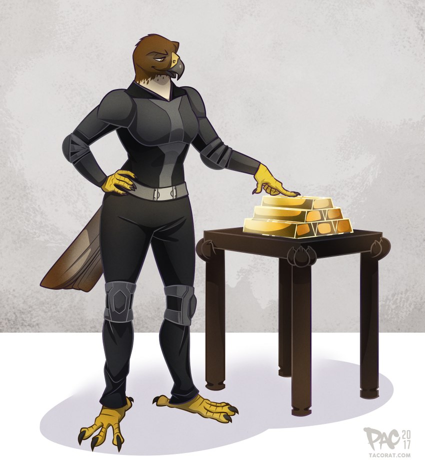 4_toes 5_fingers anisodactyl anthro avian_feet beak big_breasts biped black_claws black_eyebrows bottomwear breasts brown_body brown_eyes brown_feathers claws clothed clothing curvy_figure digitigrade eyebrows feathers feet female fingers front_view fully_clothed gold_(metal) gold_bar grey_beak hand_on_hip hourglass_figure multicolored_beak multicolored_body multicolored_feathers narrowed_eyes non-mammal_breasts open_beak open_mouth scuted_arms scutes solo tail tail_feathers talons text thick_thighs thief toe_claws toes topwear two_tone_beak white_body white_feathers wide_hips yellow_beak pac agata_esposito accipitrid accipitriform avian bird buteo chickenhawk red-tailed_hawk 2016 dated digital_media_(artwork) full-length_portrait portrait shaded signature story story_in_description url