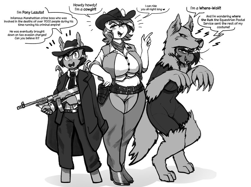 anthro big_breasts boots breasts chaps clothing coat costume cowboy_boots cowboy_hat cowboy_outfit cowgirl_outfit dialogue fedora female footwear gangster group gun hat headgear headwear profanity ranged_weapon shoes submachine_gun text thompson_gun topwear trenchcoat trio weapon werewolf_costume wolf_costume replica_(artist) hasbro my_little_pony mythology fan_character nolegs_(oc) replica_(oc) reppy_(mlp) bat_pony canid canine equid mammal mythological_canine mythological_creature werecanid werecanine werecreature werewolf english_text hi_res monochrome