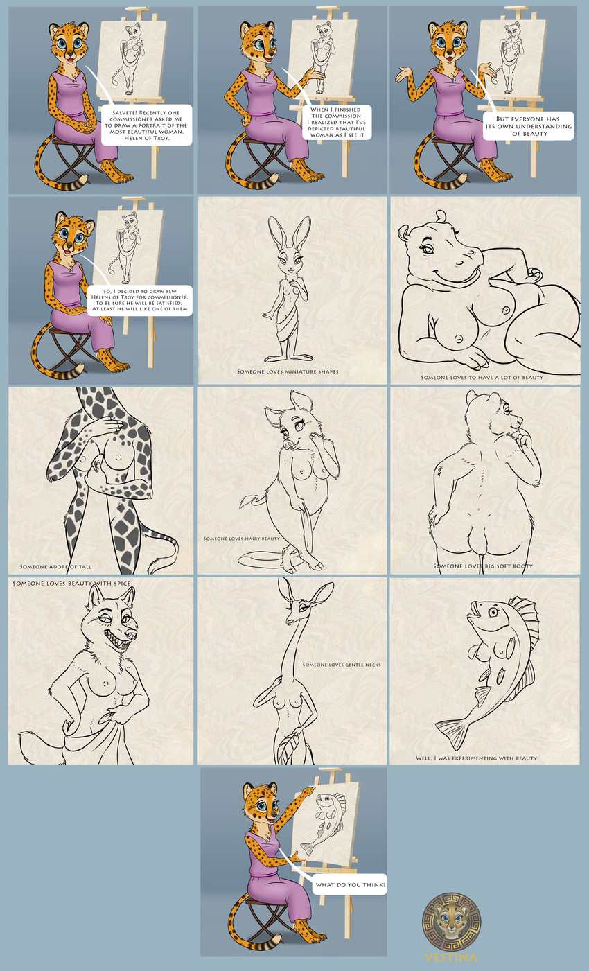 anthro big_breasts breasts butt countershading dialogue easel evil_grin female group humor looking_at_viewer nipples overweight overweight_anthro pose small_breasts smile teeth text vestina julia_(vestina) antelope bear bovid canid canine canis cheetah common_hippopotamus felid feline fish gerenuk giraffe giraffid hare hippopotamid lagomorph leporid lion mammal marine pantherine perch_(fish) suid suine sus_(pig) true_antelope wild_boar wolf absurd_res comic english_text hi_res