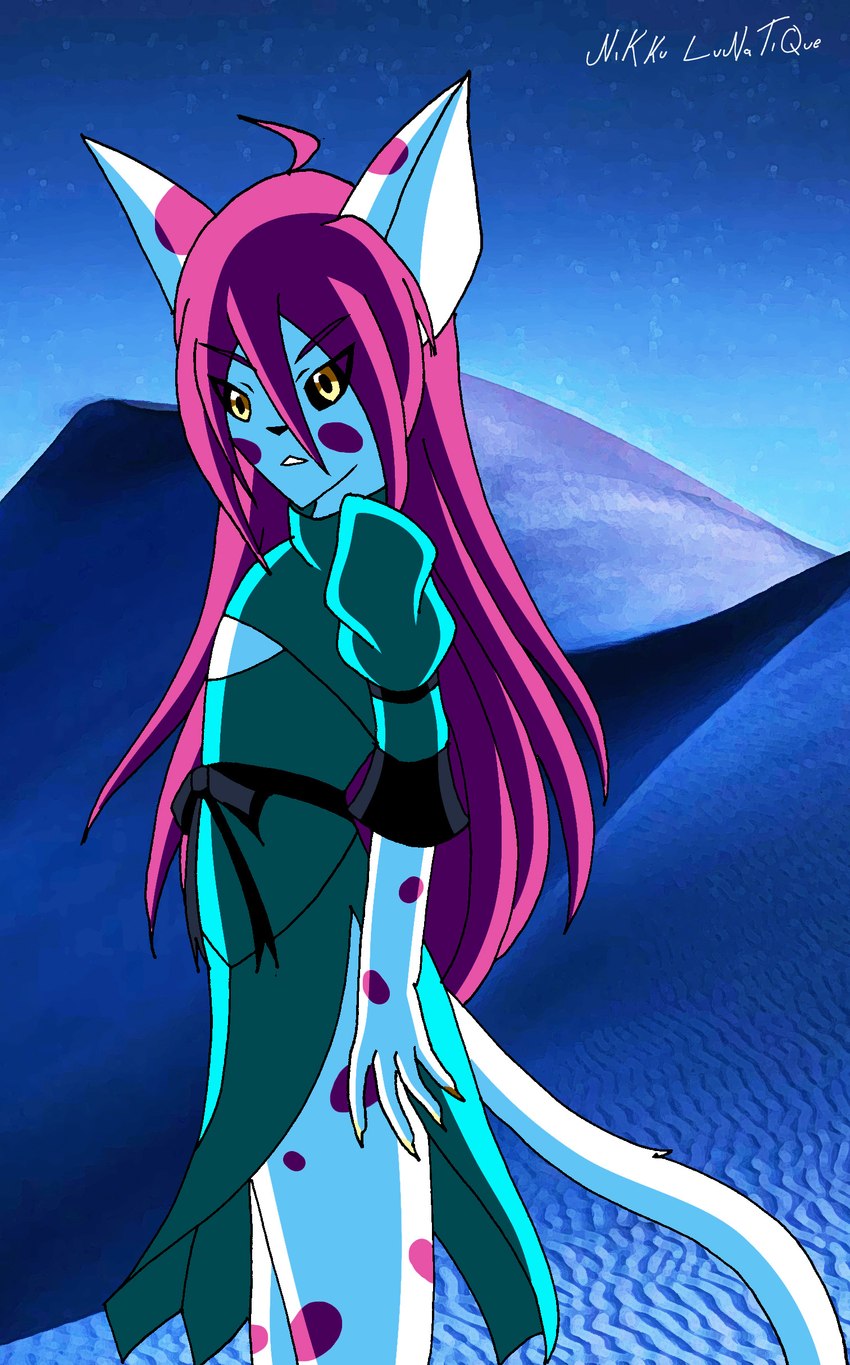 anthro black_sclera blue_clothing claws clothed clothing crossdressing desert dress dunes femboy fur hair long_hair looking_at_viewer male markings night pink_body pink_fur pink_hair pink_spots solo spots spotted_body star white_body white_fur yellow_claws yellow_eyes nikku_lunatique jack_(nikku_lunatique) domestic_cat felid feline felis mammal absurd_res hi_res