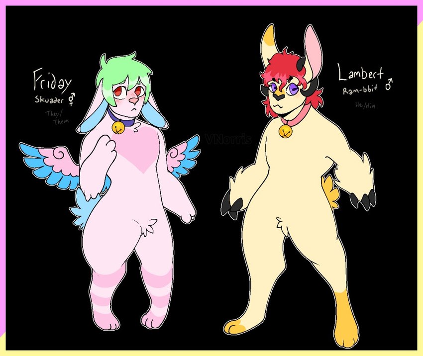 anthro bell bell_collar blush collar crotch_fur duo fingers floppy_ears fluffy green_hair hair hooved_fingers hooves horn lop_ears male markings paws pink_body purple_eyes rabbit_ears rambit red_eyes red_hair scut_tail short_tail shy spread_wings striped_markings stripes tail wings yellow_body puppetmaster13uwu friday_(puppetmaster13uwu) lambert_(puppetmaster13uwu) bovid caprine hybrid lagomorph leporid mammal rabbit sheep skvader digital_media_(artwork) model_sheet maleherm_(lore) nonbinary_(lore)