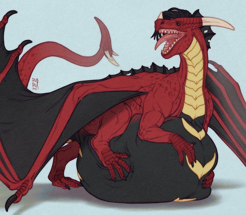 ambiguous_gender belly big_belly black_body black_hair black_wings feral green_eyes hair huge_belly hyper hyper_belly membrane_(anatomy) membranous_wings open_mouth red_body red_scales red_tongue scales sharp_teeth simple_background solo tail teeth tongue tongue_out wings yellow_body yellow_scales riorix mythology mandarax dragon mythological_creature mythological_scalie scalie 2023 dated hi_res