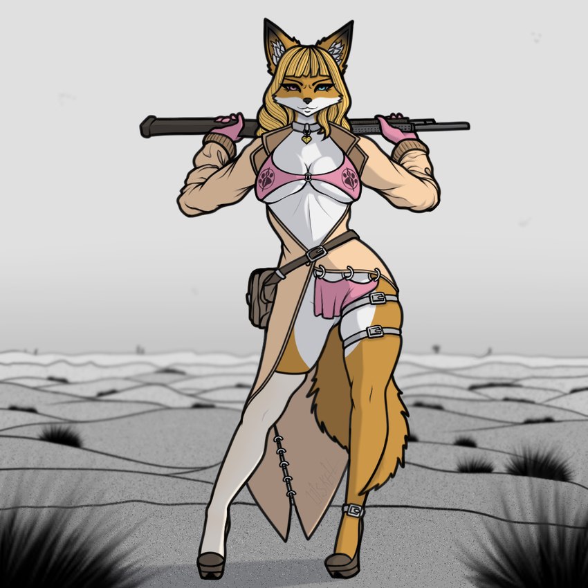 accessory anthro big_breasts blonde_hair bra breasts clothed clothing coat collar female footwear garter gun hair heterochromia holding_object holding_weapon leg_garter legwear multicolored_body navel ranged_weapon shoes shotgun solo tail topwear under_boob underwear weapon diskeit combat_cat_studio wild_assault akai_hime_(wild_assault) canid canine canis fox mammal 1:1 2024 digital_media_(artwork)