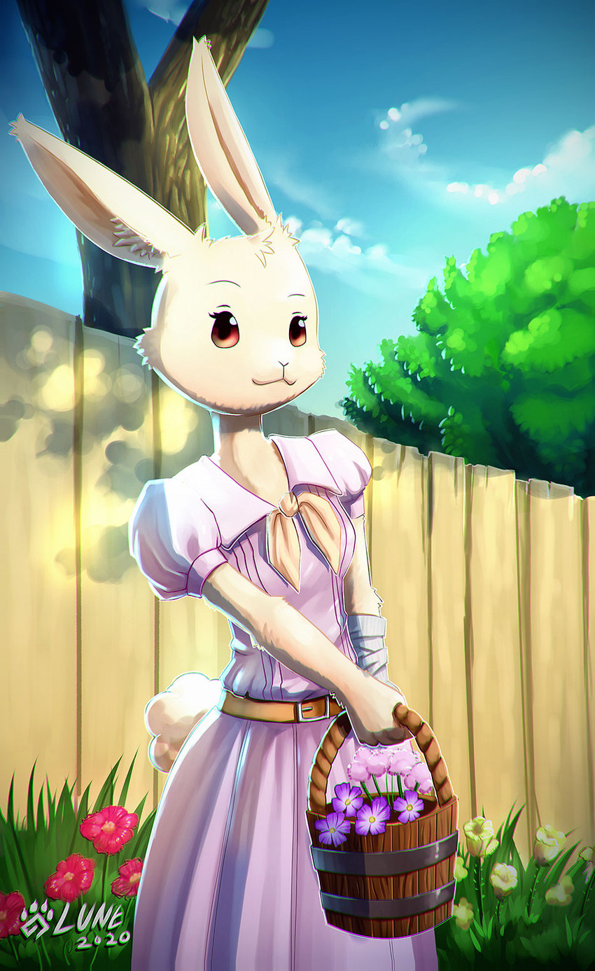 anthro aster_(flower) bandage bandaged_arm basket belt clothing cloud container dress eyelashes female flower fur grass holding_object outside pink_flower plant purple_flower red_eyes sky smile solo tree white_body white_fur yellow_flower lunesnowtail beastars haru_(beastars) domestic_rabbit dwarf_rabbit lagomorph leporid mammal netherland_dwarf_rabbit oryctolagus rabbit 2020 hi_res signature