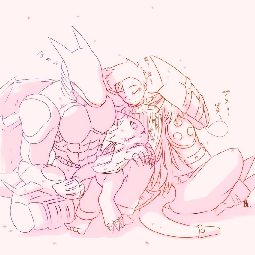 anthro blush cuddling group male muscular muscular_anthro muscular_male pecs sleeping sound_effects vowelless vowelless_sound_effect wings zzz sayeqoe4wdlaa23 bandai_namco digimon ryo_akiyama cyberdramon digimon_(species) human mammal monodramon strikedramon 1:1