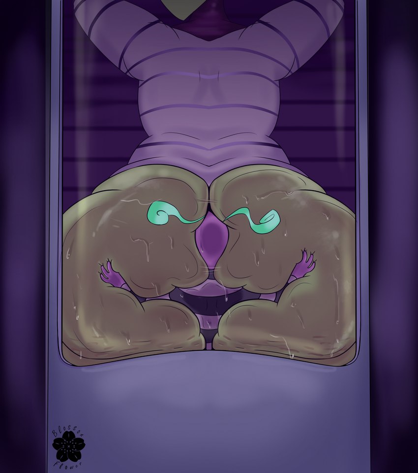 anus between_cheeks big_butt bodily_fluids butt clothing dominant duo face_in_ass facesitting female female/female green_body huge_butt interspecies interspecies_domination pod purple_body simple_background sitting_on_another size_difference sleeping sleeping_together stinkface sweat sweaty_butt trapped_in_butt blossonflower may_(blossonflower) zina_(blossonflower) alien humanoid 2024 digital_media_(artwork) hi_res