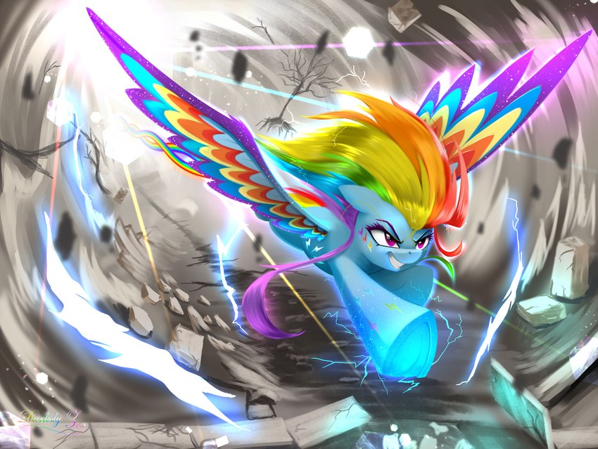 blue_body bodypaint branch destruction detailed_background energy eyelashes face_paint female feral flying grin hair hooves magic multicolored_hair multicolored_wings pink_eyes plant rainbow rainbow_hair sidewalk smile solo speed_lines spread_wings teeth tree underhoof wings darksly-z friendship_is_magic hasbro my_little_pony mythology rainbow_dash_(mlp) equid equine mammal mythological_creature mythological_equine pegasus 4:3 colorful_theme digital_media_(artwork) hi_res