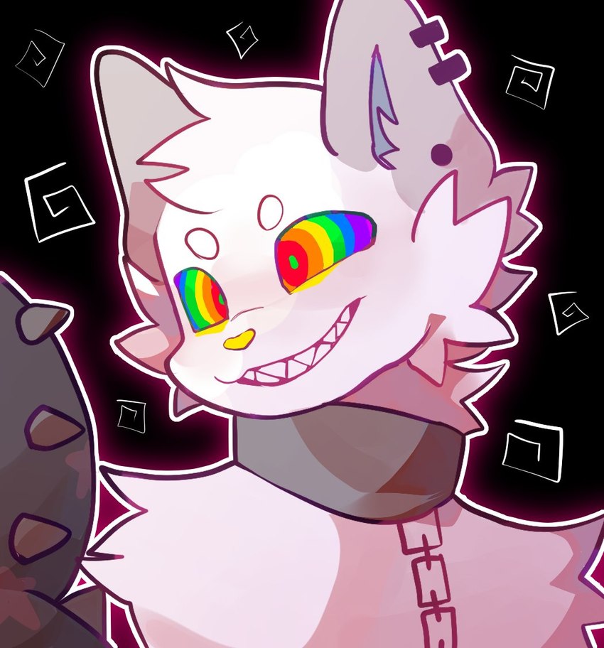 anthro biped black_background chain chain_leash cheek_tuft collar ear_piercing ear_ring eyebrows facial_tuft fur grey_body grey_fur grin happy inner_ear_fluff leash male metal_collar mostly_nude multicolored_body multicolored_eyes multicolored_fur open_mouth open_smile outline piercing rainbow_eyes ring_piercing shackled_neck shackles_only sharp_teeth simple_background smile solo standing teeth tuft white_body white_fur white_outline yellow_nose bobbipup cricket_(bobbipup) domestic_cat felid feline felis mammal 2022 bust_portrait digital_media_(artwork) portrait