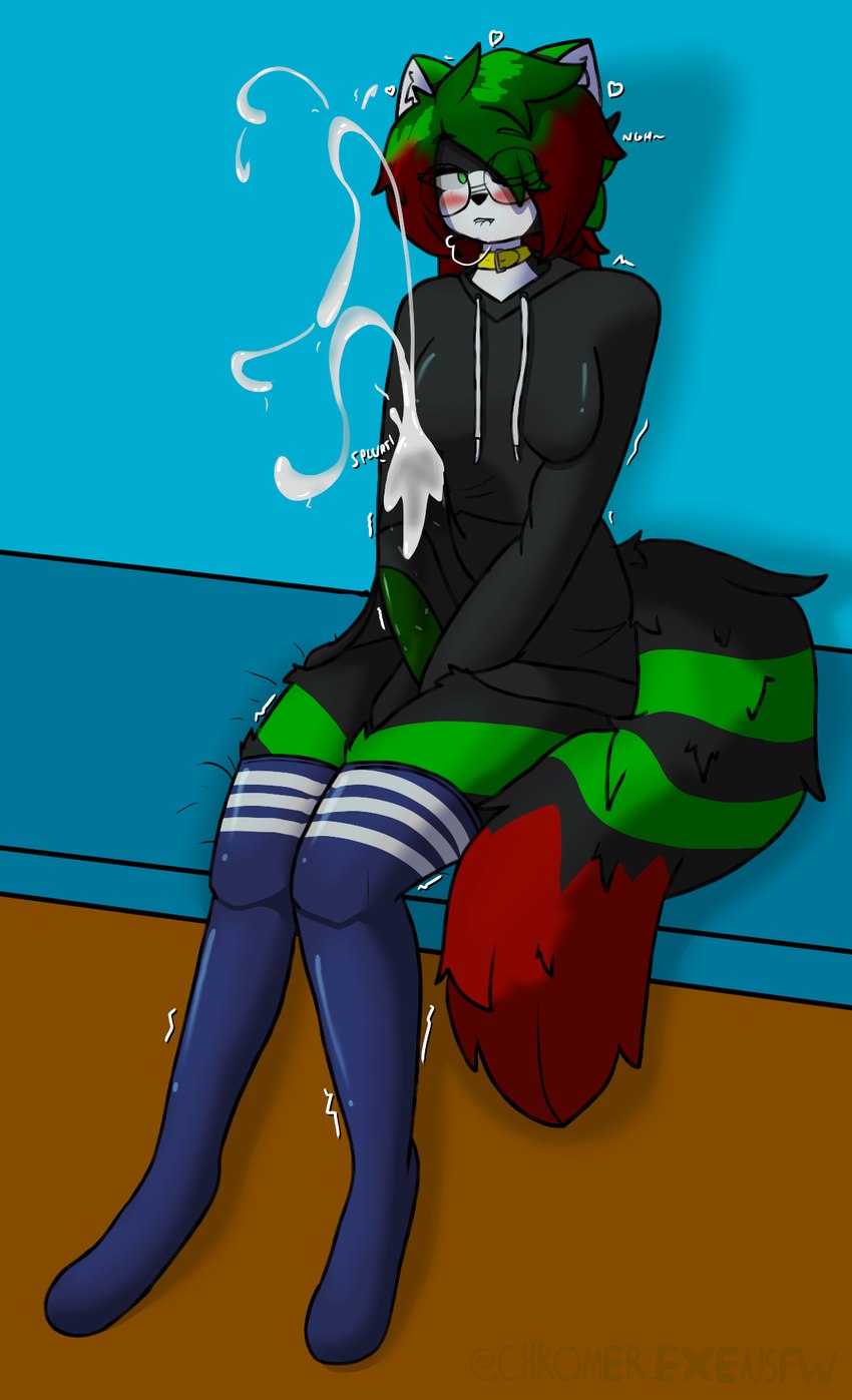 anthro blush blush_lines bodily_fluids breasts clothing collar cum ejaculation genital_fluids genitals green_eyes green_hair green_penis gynomorph hair heart_symbol intersex legwear penis solo text thigh_highs chromer_exe chromer.exe domestic_cat felid feline felis mammal hi_res