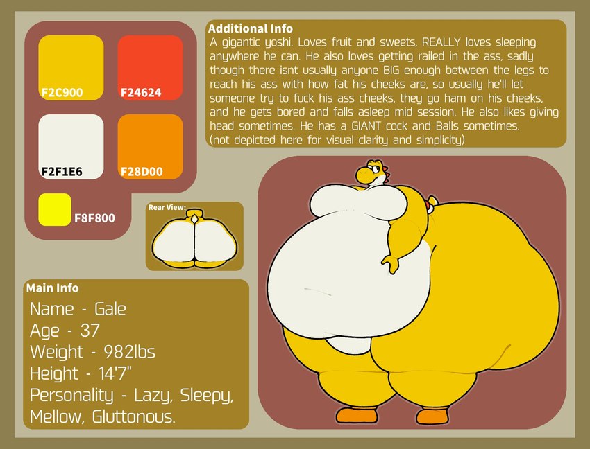 anthro big_butt border butt clothing featureless_crotch footwear half-closed_eyes hand_on_belly hand_on_own_belly huge_butt hyper hyper_butt looking_away male moobs morbidly_obese morbidly_obese_anthro morbidly_obese_male multicolored_body multicolored_scales narrowed_eyes obese obese_anthro obese_male orange_clothing orange_footwear orange_shoes overweight overweight_anthro overweight_male profanity rear_view saddle scales shoes solo standing tail text thick_thighs three-quarter_view two_tone_body two_tone_scales two_tone_tail white_body white_scales white_tail yellow_body yellow_border yellow_eyes yellow_nose yellow_scales yellow_tail chip_at_night mario_bros nintendo gale_(chip_at_night) dinosaur prehistoric_species reptile scalie yellow_yoshi yoshi 2023 digital_media_(artwork) english_text hi_res model_sheet