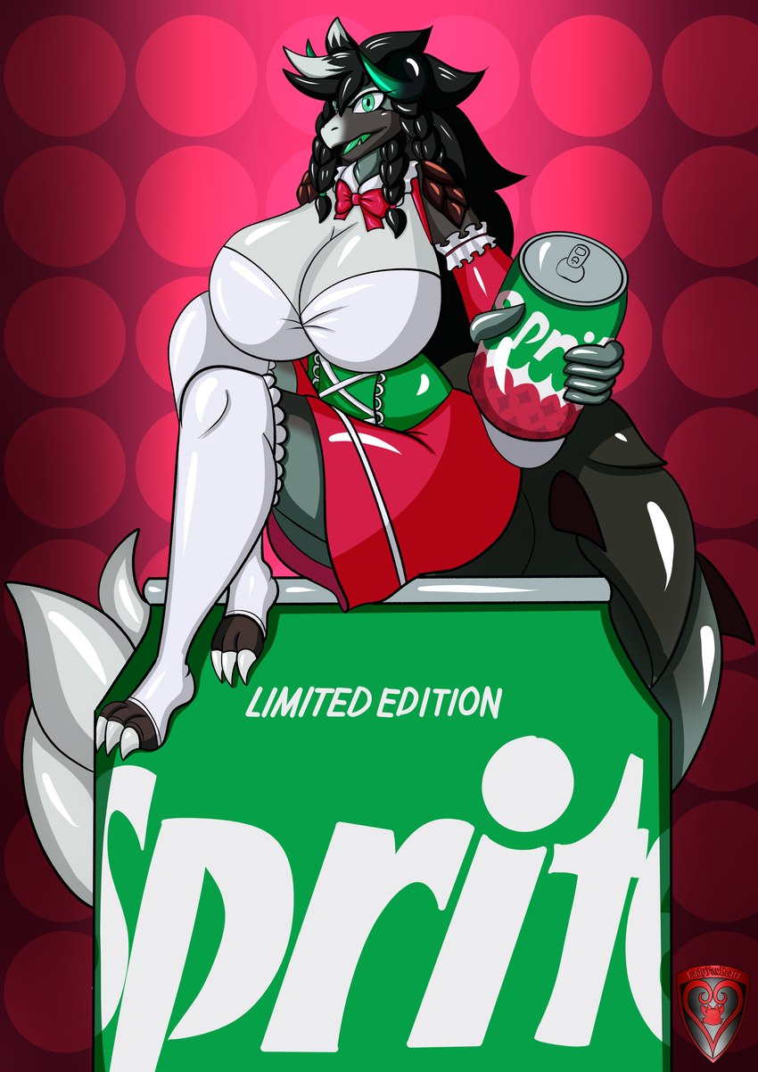 anthro beverage_can big_breasts breasts christmas_clothing claws clothing female holidays horn latex latex_clothing maid_uniform solo text toe_claws uniform ladyfoxheart capcom christmas european_mythology monster_hunter mythology sprite_cranberry dragon fanged_wyvern monster mythological_creature mythological_scalie scalie tobi-kadachi western_dragon wyvern absurd_res english_text hi_res