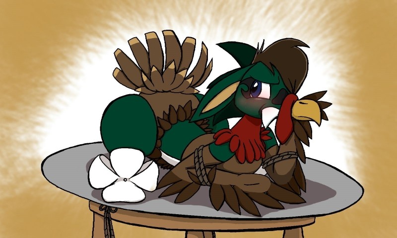 anthro bdsm big_spikes blush bondage bound clothed clothing cooking_with_furs costume digitigrade furniture gag gagged hair head_spikes holidays lying male overbite platter rope simple_background skimpy solo spikes spikes_(anatomy) submissive submissive_male table wide_hips naivintage thanksgiving nivanne avian bird galliform kobold phasianid scalie turkey 5:3 hi_res