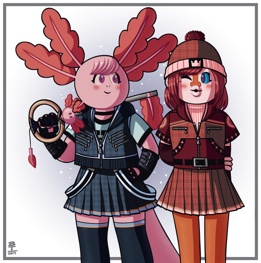 anthro beanie blue_eyes blue_sclera blush bottomwear clothed clothing cosplay duo female footwear fully_clothed hat headgear headwear keyblade legwear melee_weapon pink_eyes skirt socks weapon zipper wazzaldorp disney kingdom_hearts real_axolotl_hours square_enix axey_(wazzaldorp) koi-chan amphibian amur_carp axolotl carp cyprinid cypriniform fish koi marine mole_salamander salamander typical_carp 2019 hi_res