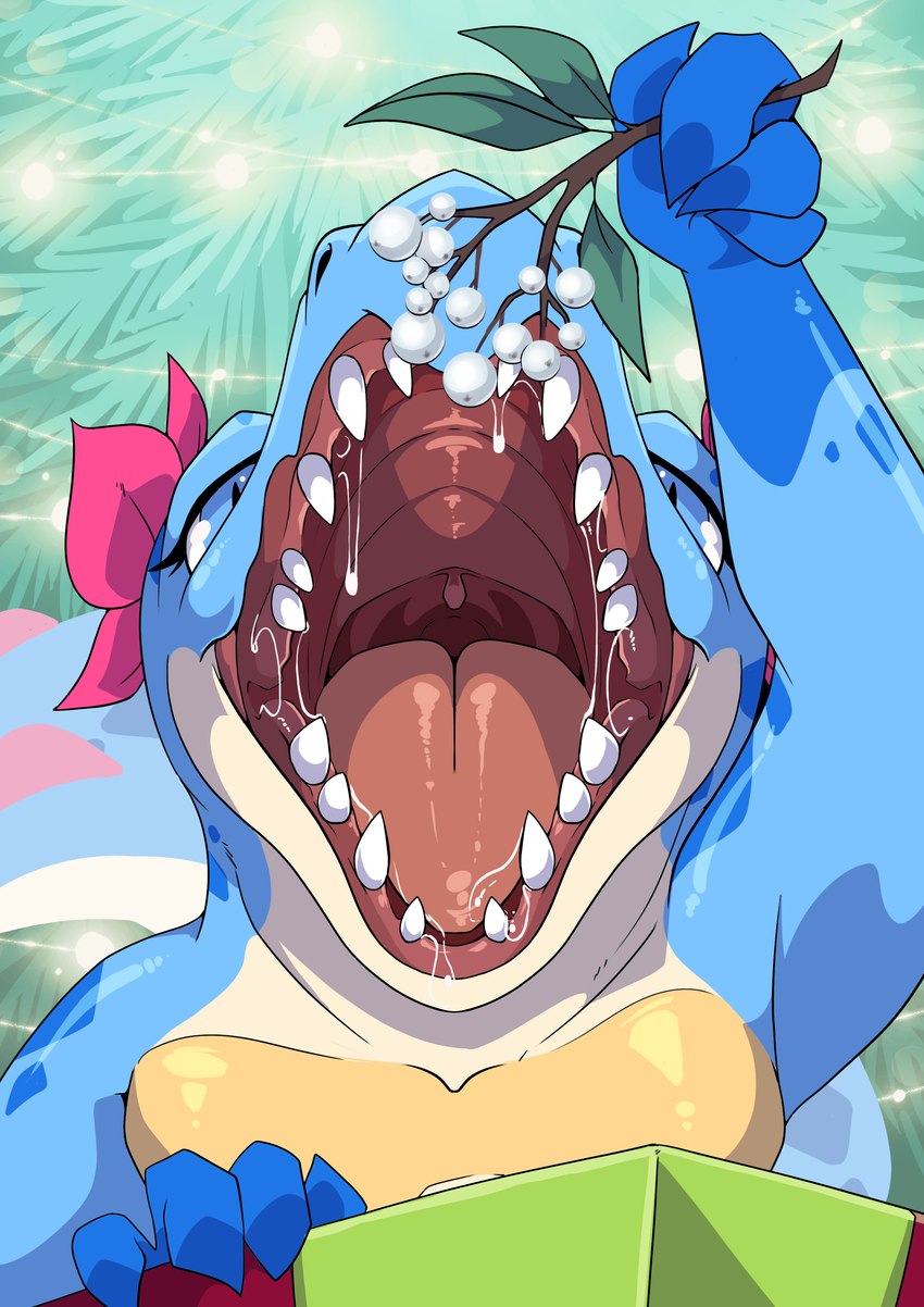 blue_body blue_markings bodily_fluids countershading drooling female flower markings mistle_toe mouth_shot open_mouth pink_markings plant quadruped saliva solo spines tan_body ashley-arctic-fox nintendo pokemon fan_character lotus_snapjaw generation_2_pokemon pokemon_(species) totodile absurd_res hi_res