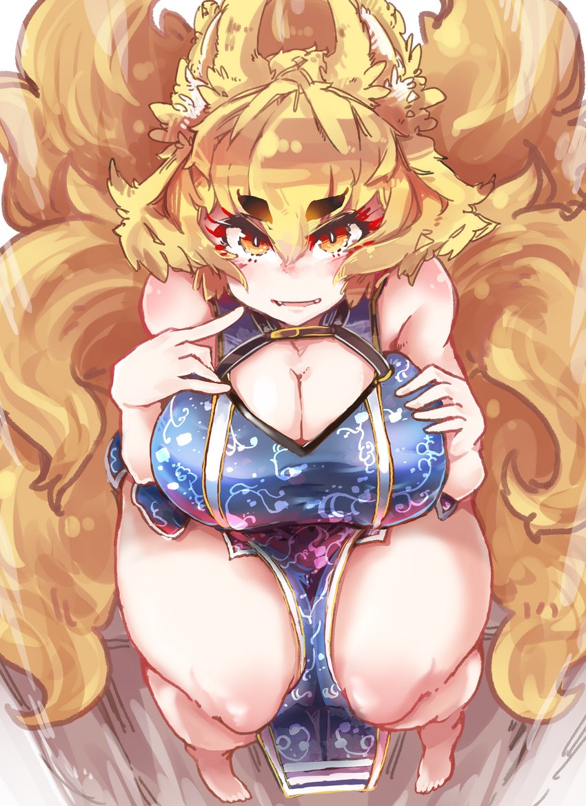 6_tails asian_clothing big_breasts blonde_hair breasts chinese_clothing chinese_dress cleavage cleavage_cutout clothed clothing cutout dress east_asian_clothing fangs female hair high-angle_view inner_ear_fluff multi_tail open_mouth pupils slit_pupils smile solo tail teeth tuft yellow_eyes sabitare touhou ran_yakumo animal_humanoid canid canid_humanoid canine canine_humanoid fox_humanoid humanoid mammal mammal_humanoid absurd_res hi_res