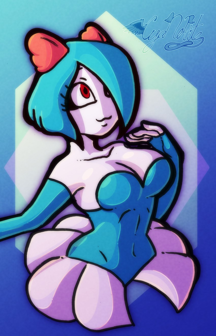 blue_hair bottomwear breasts cleavage clothed clothing female fin fingerless_gloves gloves hair hair_over_eye hand_over_breast handwear head_fin head_plate looking_up one_eye_obstructed pokemorph red_eyes simple_background skirt smile solo three-quarter_view white_body cyanekite cyanknight midnekite nintendo pokemon guinny_(cyanekite) generation_3_pokemon humanoid kirlia pokemon_(species) shiny_pokemon 2024 artist_collaboration digital_media_(artwork) hi_res