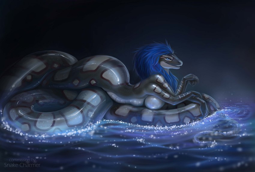 anthro apode breasts coiling female hair legless looking_at_viewer lying multi_arm multi_limb on_front serpentine side_view smile solo text water alvanarry draconcopode naga reptile scalie snake english_text hi_res