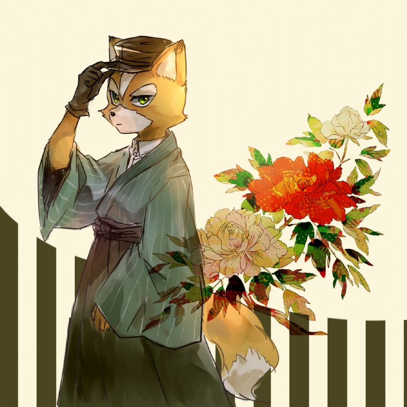 anthro black_nose brown_body brown_fur clothing dipstick_tail fence flower fur gloves green_eyes handwear hat headgear headwear kemono male markings multicolored_tail plant rose_(flower) solo tail tail_markings white_body white_fur s_mino930 nintendo star_fox fox_mccloud canid canine fox mammal 1:1 2017