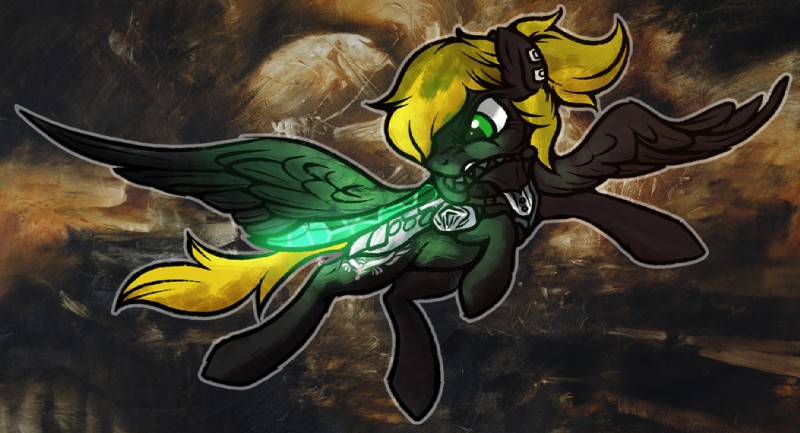 angry armor black_body black_fur blonde_hair cutie_mark ear_piercing feathers female feral flying fur green_eyes hair melee_weapon piercing scimitar solo sword unconvincing_armor weapon wings unknown_artist hasbro my_little_pony mythology veen_sundown equid equine mammal mythological_creature mythological_equine pegasus