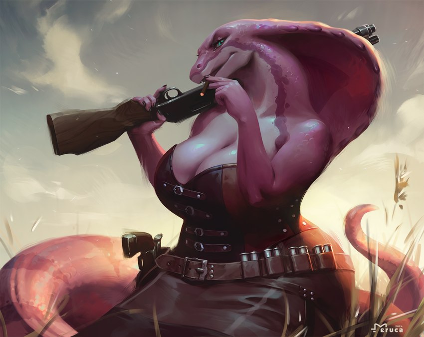 anthro apode big_breasts blue_eyes breasts cigarette cleavage clothed clothing corset female field gun gun_belt gun_on_shoulder handgun holding_gun holding_object holding_ranged_weapon holding_weapon legless lingerie outside pink_body pistol pupils ranged_weapon serpentine shell_(projectile) shotgun shotgun_shell slit_pupils smoking snake_hood solo topwear weapon eruca yesenia_(character) draconcopode naga digital_media_(artwork) digital_painting_(artwork)