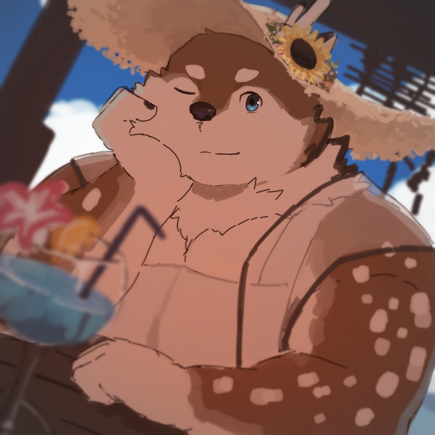 anthro antlers blue_eyes brown_body brown_fur clothing flower fur furniture hat headgear headwear horn male markings one_eye_closed overweight plant solo spots spotted_body spotted_fur straw_hat sunflower table umbrella wink unchira_occhira tamacolle kazusa deer mammal 1:1 hi_res