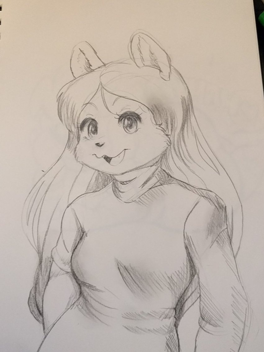 anthro clothed clothing female fur hair long_hair looking_at_viewer simple_background smile solo nendoggo nen canid canine canis domestic_dog mammal pomeranian spitz 3:4 graphite_(artwork) hi_res sketch traditional_media_(artwork)