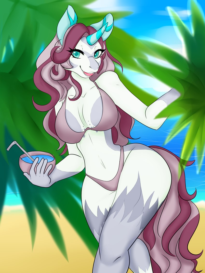 anthro beach beverage big_breasts big_butt bikini bikini_bottom bikini_top blue_ears blue_eyes blue_horn blurred_background blurred_foreground bowl breasts butt clothed clothing container curvy_figure equine_ears eyelashes female fingers food fur fur_markings grey_body grey_fur hair horn huge_breasts huge_butt markings multicolored_body multicolored_fur navel open_mouth outside palm_tree pink_bikini pink_bikini_bottom pink_bikini_top pink_clothing pink_hair pink_swimwear plant seaside smile solo spots spotted_body spotted_fur spotted_markings swimwear teeth thick_thighs tongue tree two-piece_swimsuit water wavy_hair white_body white_fur wide_hips chamomilearts mythology kaena_the_classical_unicorn equid equine felid leopard mammal mythological_creature mythological_equine pantherine unicorn 2022 3:4 colored digital_drawing_(artwork) digital_media_(artwork) full-length_portrait hi_res portrait