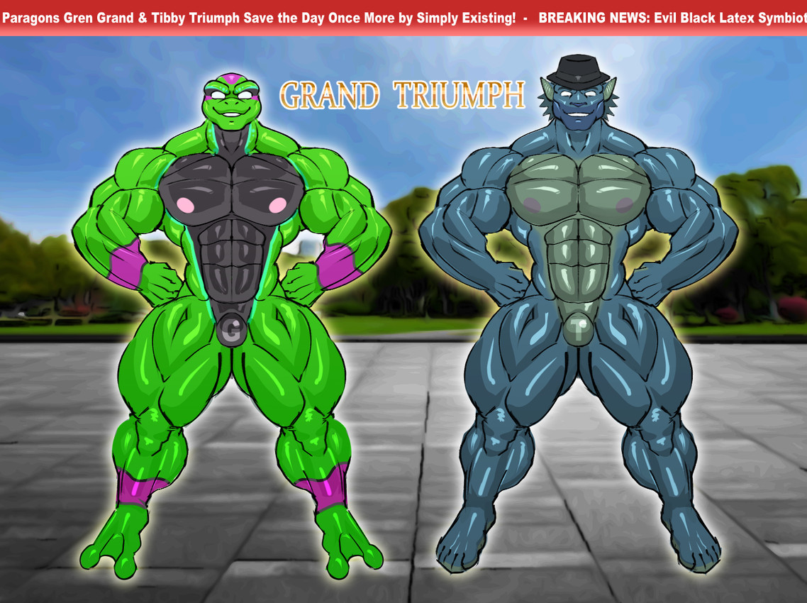 anthro arms_at_sides ball_bulge biceps bulge clothing duo fedora glistening glistening_body green_body grin grinning_at_viewer hat headgear headwear heroic_pose hypnosis implied_hypnosis latex latex_clothing latex_skinsuit letter male male/male mind_control multicolored_body muscular muscular_anthro muscular_male muscular_thighs news news_report nipples no_pupils null null_bulge pecs photo_background skinsuit smile smiling_at_viewer striated_muscles superhero teal_body teeth_showing text tight_clothing white_eyes tiburalgo tiburalgo_(character) amphibian animal_humanoid bat fish fish_humanoid frog humanoid hybrid mammal marine marine_humanoid shark_humanoid photography_(artwork)