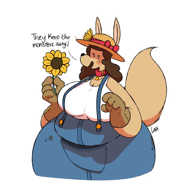 anthro belly big_breasts big_butt biped blush bottomwear breasts butt clothed clothing collar female fingers flower fur gloves hair handwear hat headgear headwear huge_breasts huge_butt humanoid_hands open_mouth overalls overweight overweight_anthro overweight_female plant shirt simple_background smile solo straw_hat sunflower text thick_thighs topwear wide_hips leoafterhours ace_decker canid canine canis domestic_dog mammal 1:1 2019 digital_media_(artwork) english_text hi_res