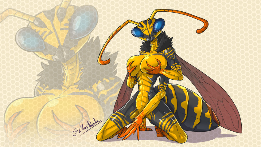 4_arms abstract_background antennae_(anatomy) anthro arthropod_abdomen big_breasts breasts compound_eyes convenient_censorship female gloves_(marking) holding_breast honeycomb_(pattern) huge_breasts insect_wings kneeling leg_markings looking_at_viewer mandibles markings multi_arm multi_limb neck_tuft non-mammal_breasts nude small_waist socks_(marking) solo tuft wide_hips wings lluisabadias arthropod hymenopteran insect wasp 16:9 absurd_res hi_res widescreen