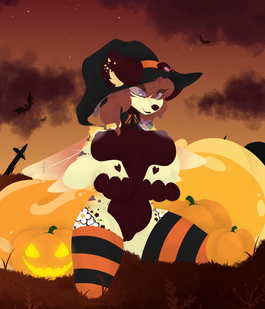 anthro blue_eyes breasts brown_hair clothing collar detailed_background female floppy_ears flower food footwear fruit fur genitals grass hair hat headgear headwear heart_(marking) holidays honey_(food) jack-o'-lantern kneeling long_socks long_tail looking_up markings nipples nude paws plant pumpkin pussy sitting sky slightly_chubby socks solo tail wings witch_hat yellow_body yellow_fur tsukipaw halloween miel_(tsukipaw) arthropod bee canid canine hybrid hymenopteran insect mammal absurd_res hi_res