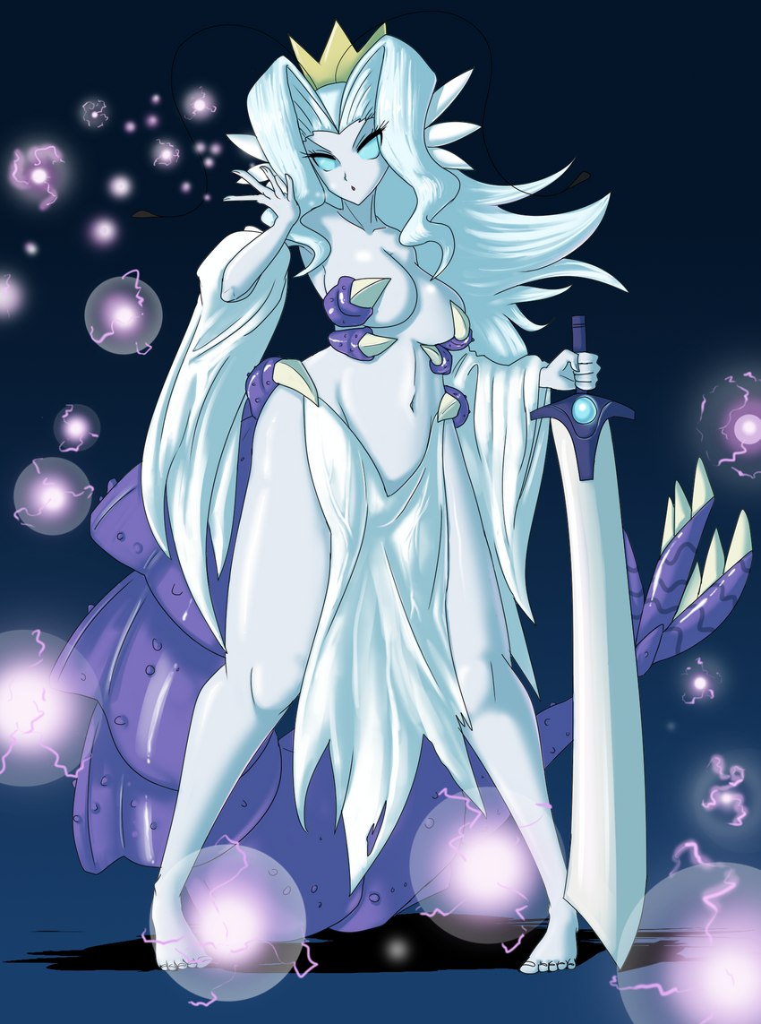 blue_eyes breasts crown female glowing glowing_eyes hair headgear melee_weapon navel solo sword weapon white_body white_hair sonicboom30813 shantae:_and_the_seven_sirens shantae_(series) wayforward empress_siren humanoid siren hi_res