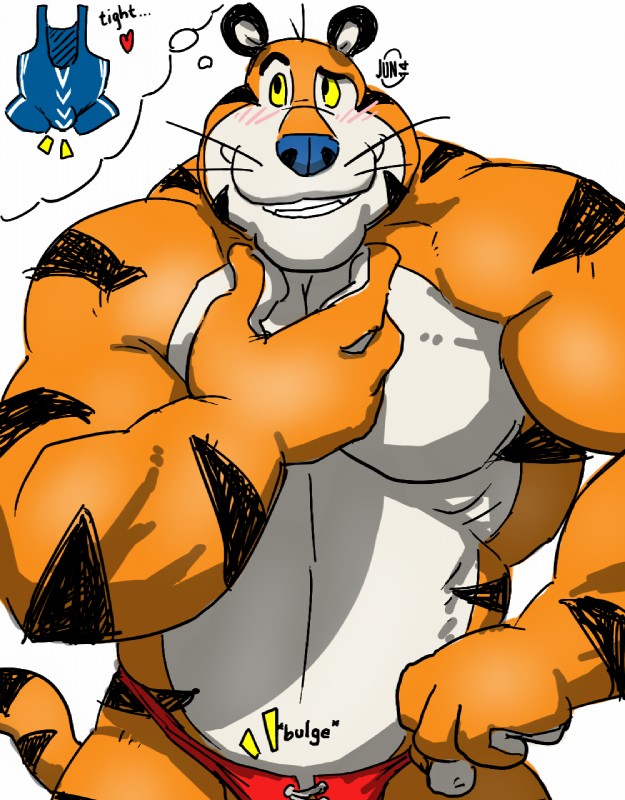 anthro biceps big_muscles clothed clothing countershading duo heart_symbol male mascot musclegut muscular muscular_male pecs pose simple_background slightly_chubby speedo standing swimwear text thought_bubble topless fb1907 frosted_flakes kellogg's tony_the_tiger felid mammal pantherine tiger 2014 english_text hi_res