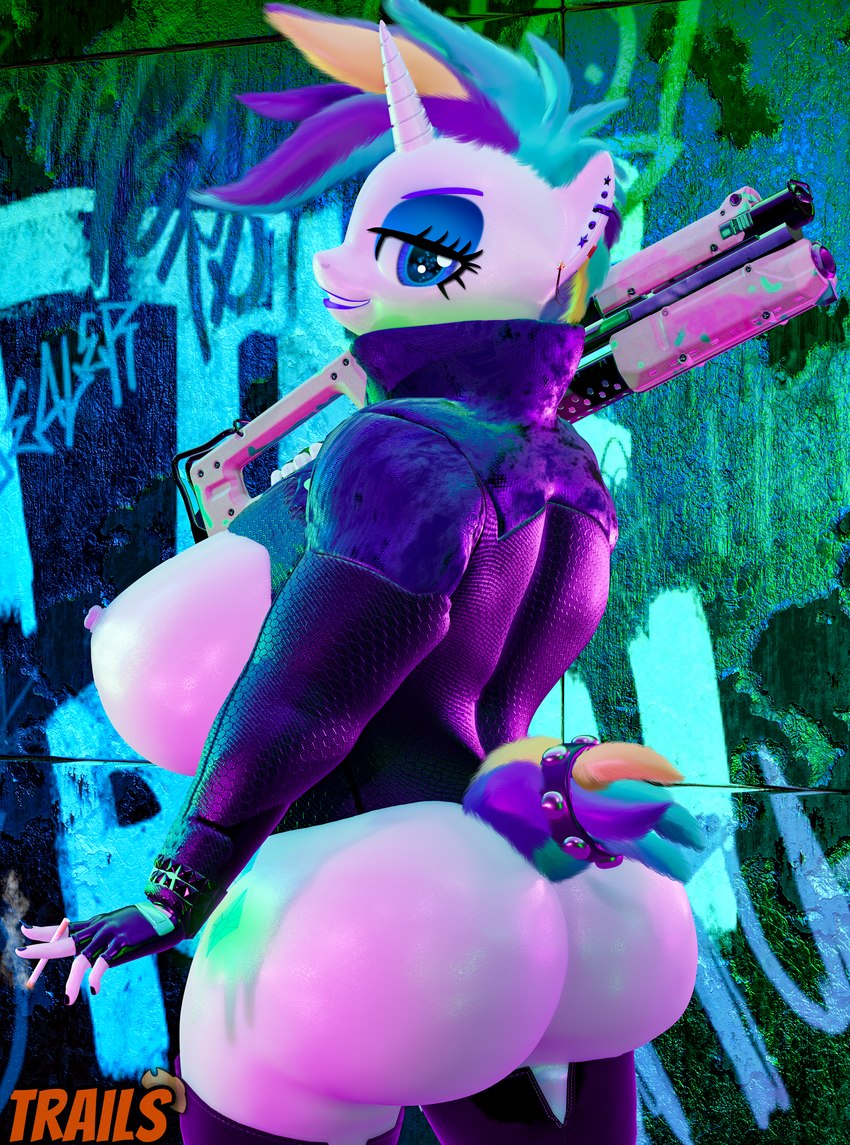 alternative_fashion anthro anthrofied big_breasts big_butt breasts butt cigarette female gun hair holding_gun holding_object holding_ranged_weapon holding_weapon horn lipstick makeup multicolored_hair nipples punk purple_lipstick ranged_weapon solo weapon trailssfm friendship_is_magic hasbro my_little_pony mythology raripunk rarity_(mlp) equid equine mammal mythological_creature mythological_equine unicorn 2023 3d_(artwork) absurd_res digital_media_(artwork) hi_res