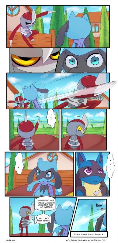 ambiguous_gender anthro fight scarf simple_background text masterploxy nintendo pokemon pokemon_trainer_8 generation_4_pokemon generation_5_pokemon lucario pawniard pokemon_(species) riolu comic english_text hi_res