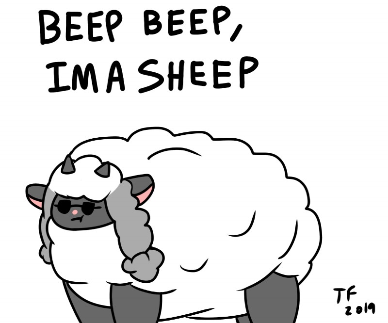 eyewear feral fur parody pink_nose solo sunglasses text white_body white_fur white_wool wool_(fur) tepigfan101 asdfmovie beep_beep_i'm_a_sheep nintendo pokemon bovid caprine generation_8_pokemon mammal pokemon_(species) wooloo 2019 6:5 english_text meme